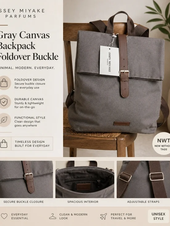 Issey Miyake Parfums Gray Canvas Backpack Foldover Buckle NWT