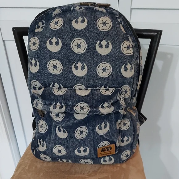 Loungefly Star Wars‎ Backback, Distressed Blue Denim Emblem Pattern, Zip Pockets