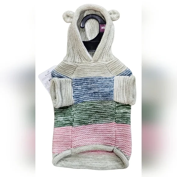 Striped Knit Pet Hoodie with Ears, Size XS, New