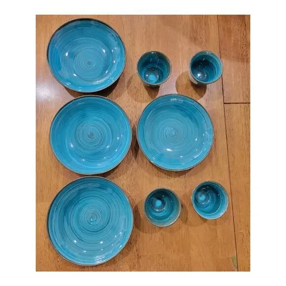 Pier 1 Japan‎ Pottery Dish Set Blue Crackle Glaze Plates Cups 4pc Set