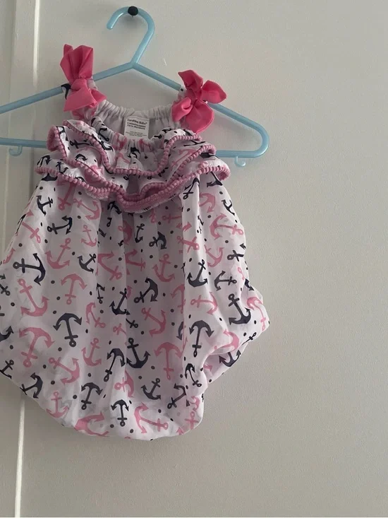 Girls Pink & Navy Anchor Bubble Romper