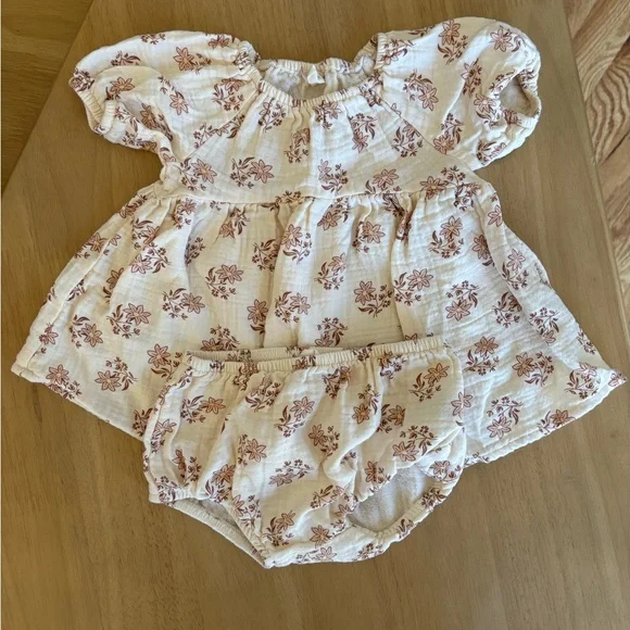 Quincy Mae Baby Floral Dress & Bloomers Set in Cream with Brown Print