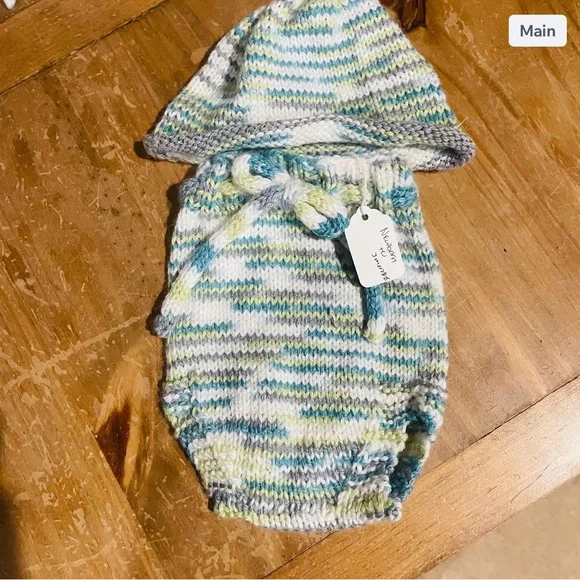 Handcrafted Knit Baby Diaper Cover and Hat Set - Blue and Green