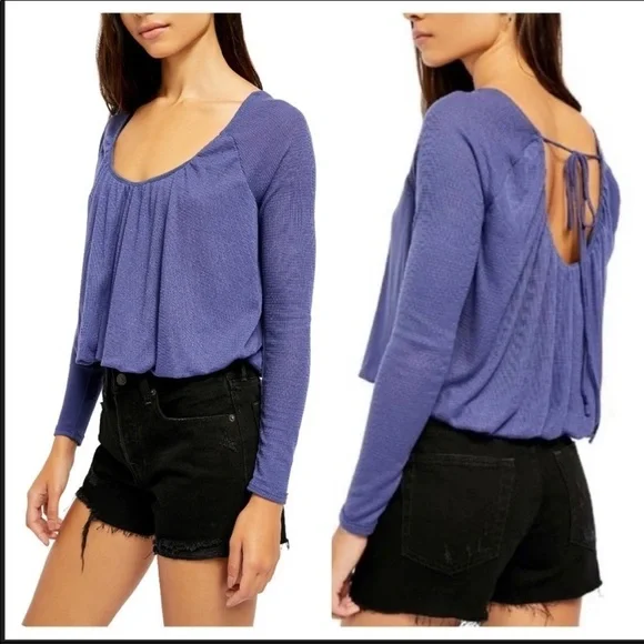 Free People Blue Waffle Knit Cropped Top Size M