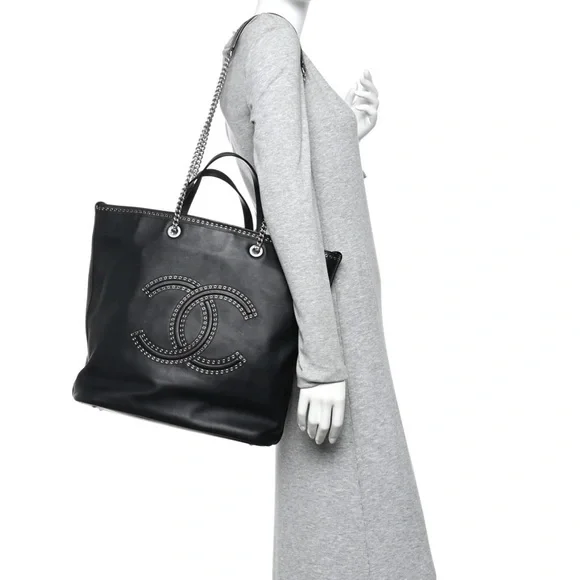 CHANEL COCO EYELET LARGE SHOPPING TOTE Black Calfskin Chain CC Bag Rare