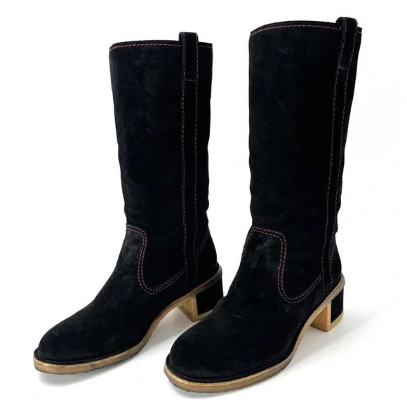 Chanel Mid Calf Block Heel Black Suede Pink Stitching Boots Size 37.5