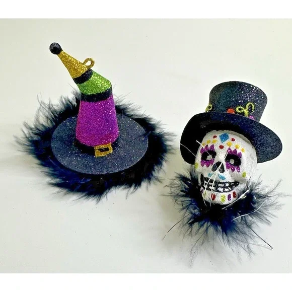 Pier 1 Halloween Ornament Day of Dead Top Hat Witch Hat Glitter Hanging Set 2