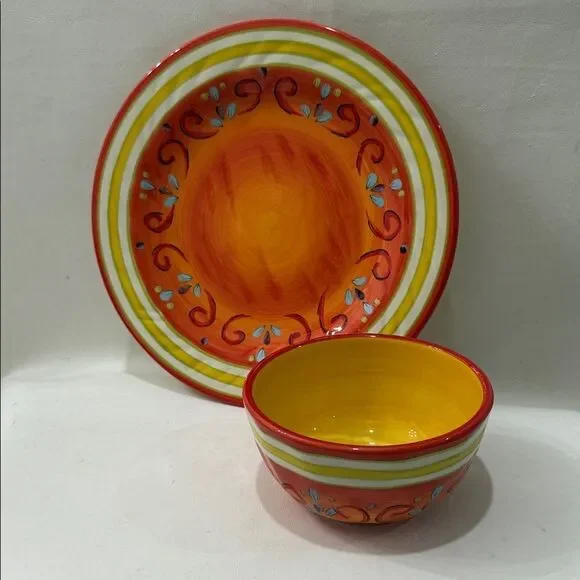 Pier 1 Pasilla Vibrant Orange Yellow 10 3/4 In Plate & 5 1/2 Round Bowl 3 In Ta
