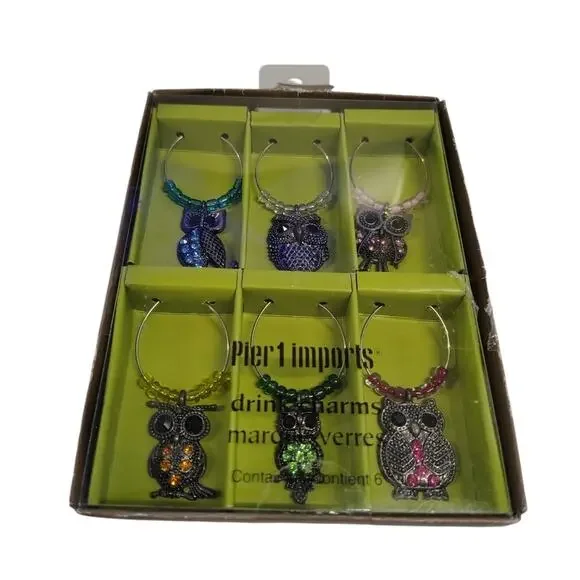 Pier 1 Imports Owl Beaded Wine Glass Drink Charms Set of 6