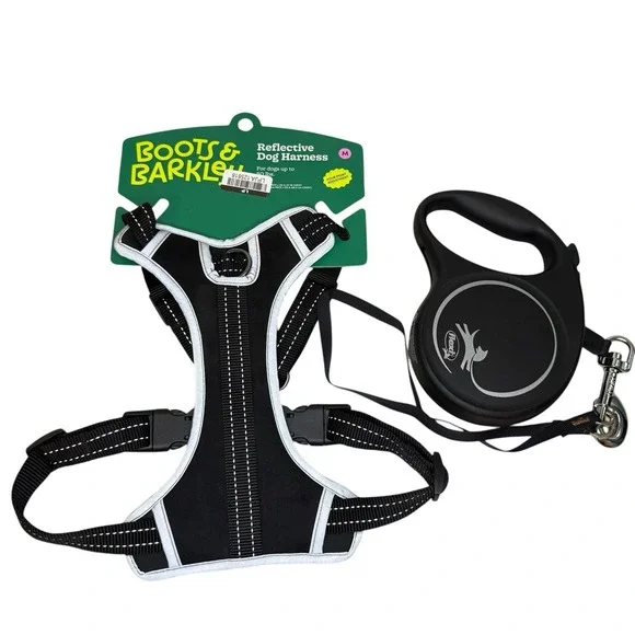 Boots and Barkley Medium Black Reflective Dog Harness And Retractable Leash Set