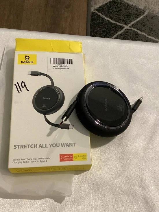 Black Retractable USB-C to USB-C Fast Charging Cable