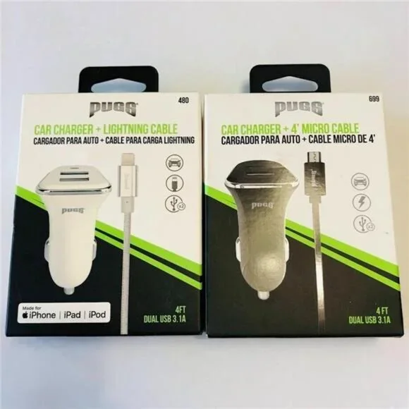 PUGS Dual Port Car Charger + Micro USB 4' Charging Cable Black