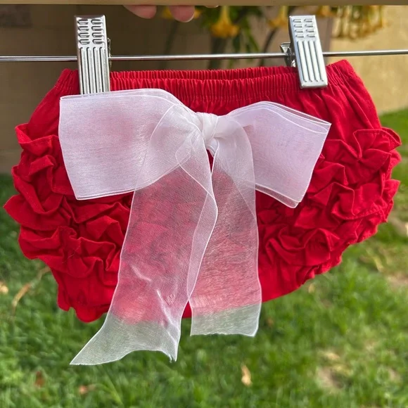 Ruffle Butts Red Ruffle Diaper Cover with White Organza Bow