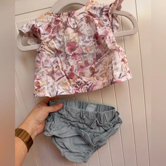 Floral Ruffle Baby Top with Light Blue Ruffle Diaper Cover