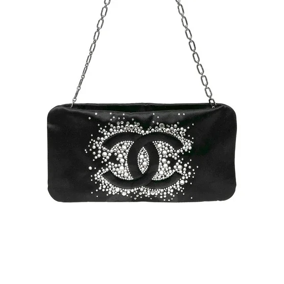 Chanel Black Satin Crystal CC Clutch‎ Chain Shoulder Bag