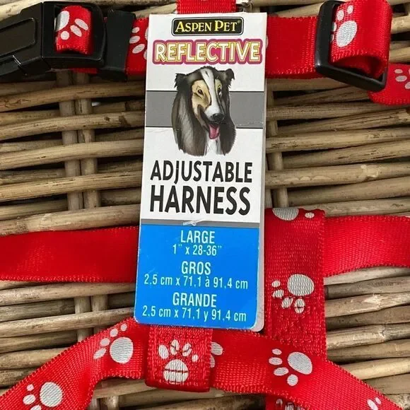 Nylon Dog Harness Reflective Adjustable Red Paws Large 1”x28-36” Aspen Pet NWT
