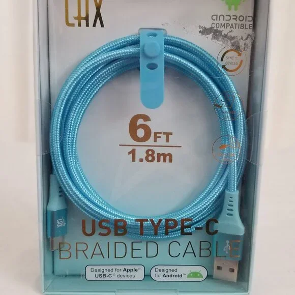 LAX USB Type C Braided Cable Android Apple Compatible 6 Ft. Baby Blue Brand New