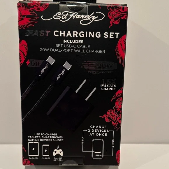 NIB Ed Hardy Fast Charging Set with 6 Ft. USB-C to USB-C Cable.