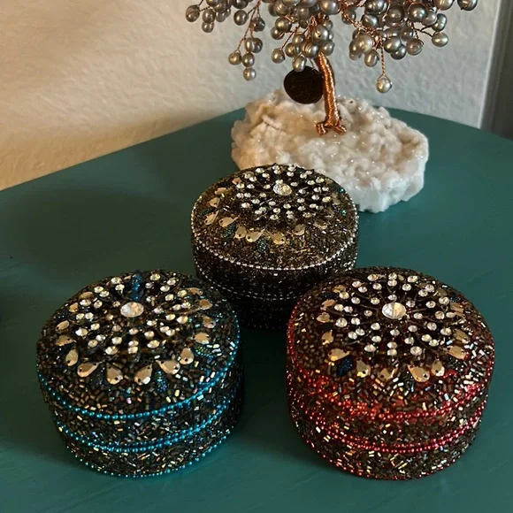 Pier 1 Set of 3 Round Jeweled Aluminum Trinket Jewelry Storage Boxes