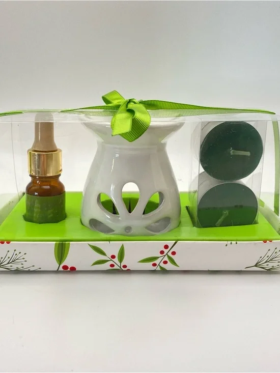 Pier 1 Ceramic Oil Warmer Gift Set w Green Tealight Candles Holiday Flower Scent