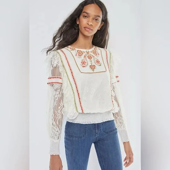Anthropologie Blnk Tali Embroidered Lace Top Ivory Size Small