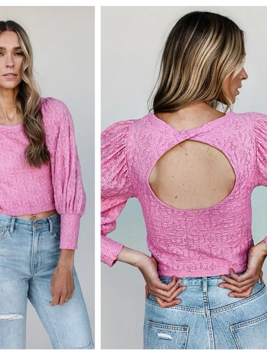 Free People Tea Time Lace Puff Sleeve Open Back Crop Top Pink Boho Cottagecore