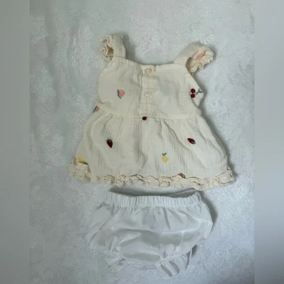 Nicole Miller Cream Baby Dress & Bloomer Set with Fruit Embroidery