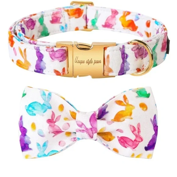 Dog collar & bow tie new Easter bunny jelly beans tie dye medium large pet
