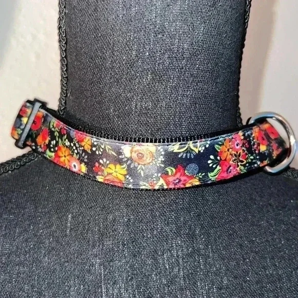 Dog Collar Orange Pink Floral Black Extra Large Heavy Duty Quick Release Collar