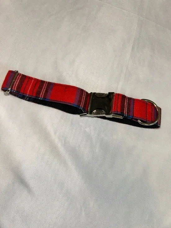 Red Plaid Dog Collar with Metal Buckle