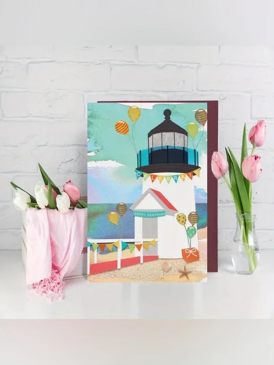 🆕Papyrus Lighthouse On Beach Birthday Greeting Card