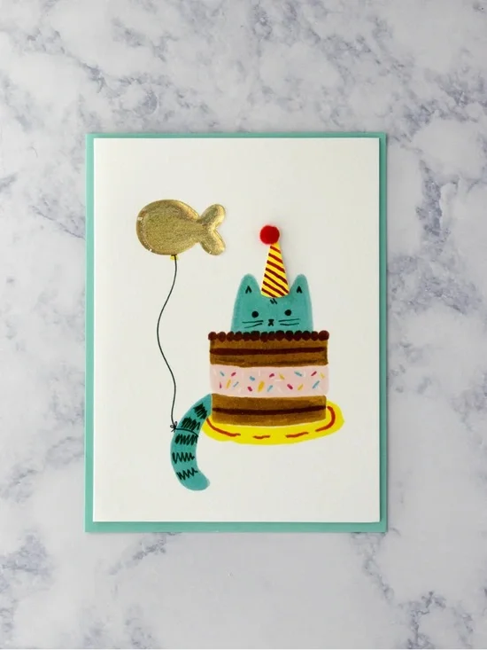 🆕Papyrus Birthday Cat With Fish Balloon Greeting Card