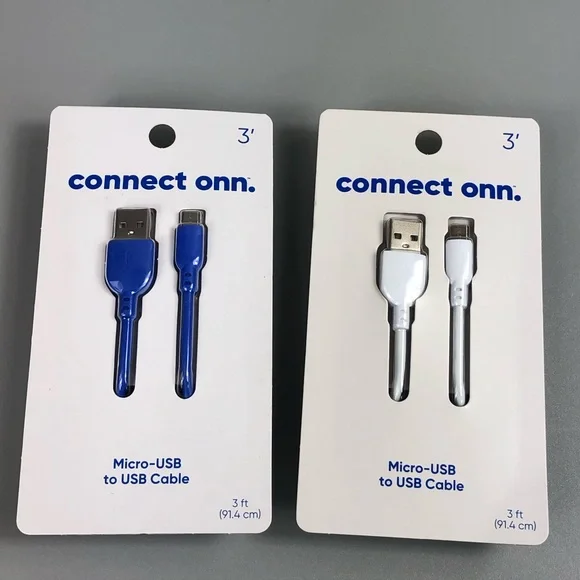 onn. Micro-USB to USB Cable, 3 ft, Blue and White 2pk