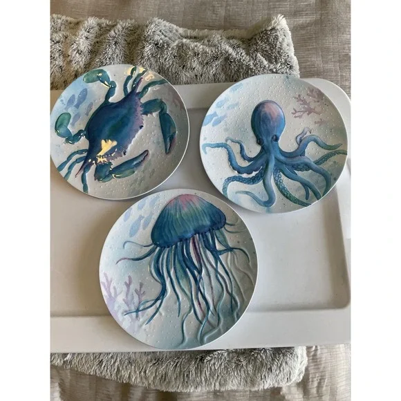 Pier 1 Set Of Three Melamine Sea Life Textured Plates Coastal Crab Octopus 9