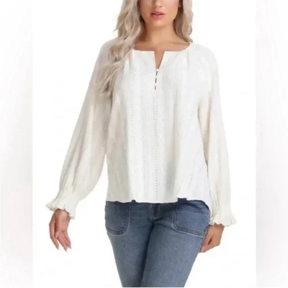 Frye cream Ivory Eyelet V-Neck Long Sleeve Peasant Cottagecore Boho Blouse L