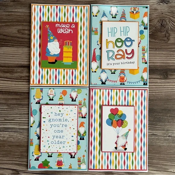 Handmade Gnome Birthday Greeting Cards Set of 4 5”x7” With Envelopes