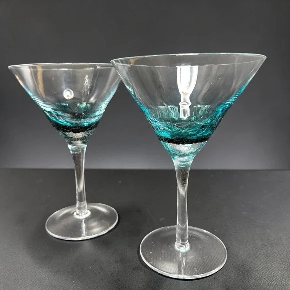 Set of 2 Pier 1 Teal Blue Crackle Glass Martini Glasses Cocktail Stemware Cups‎