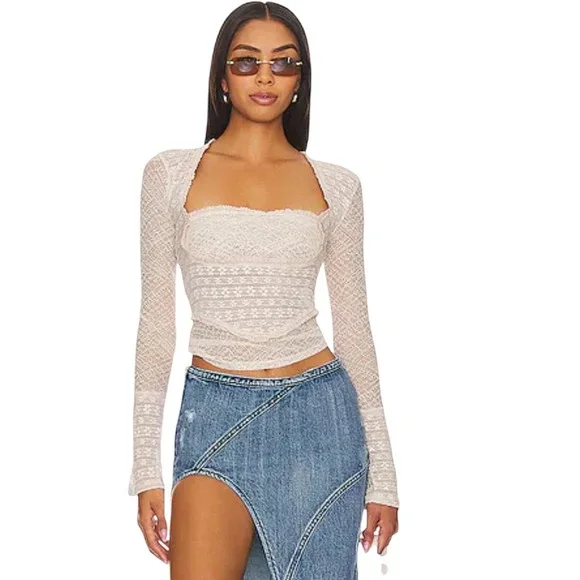 Free People My Party Lace Top Womens XS Cream Long Sleeve Sheer Boho Coquette