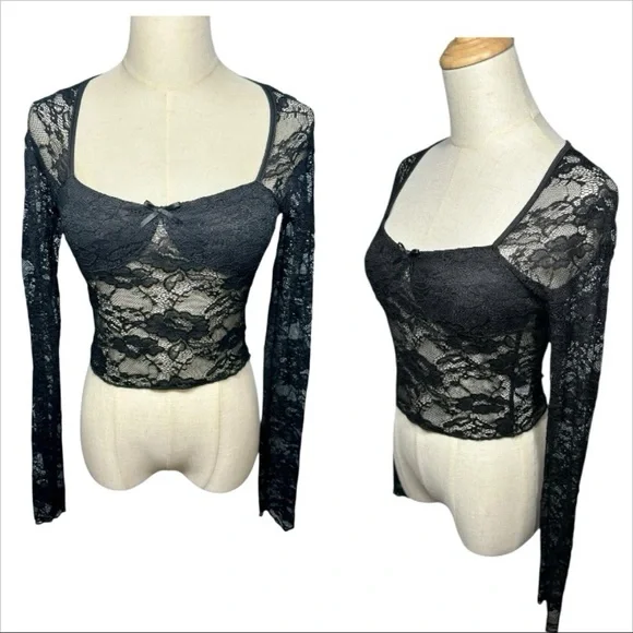 Unbranded Y2K Babydoll Black Lace Sheer Top Dark‎ Coquette Grunge