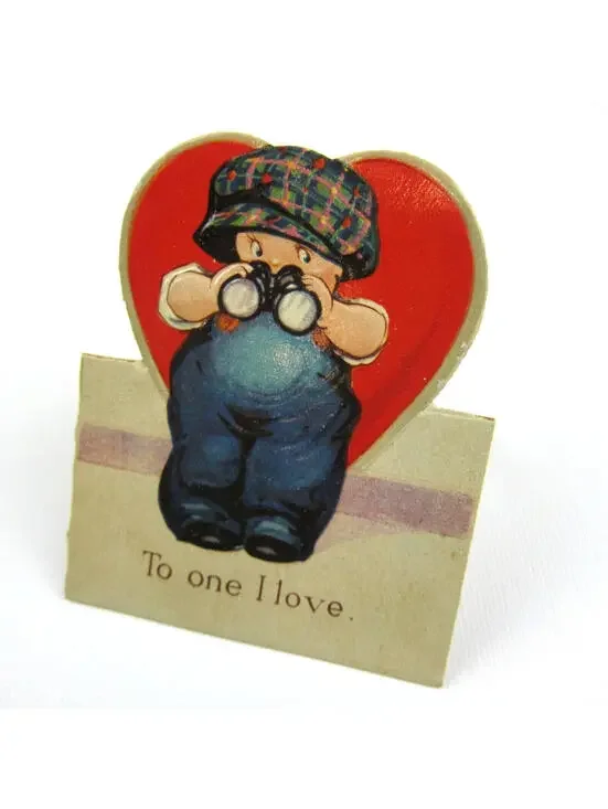 Vintage Valentine Card Cutout Stand Up Boy Binoculars Plaid Hat Overall UNSIGNED