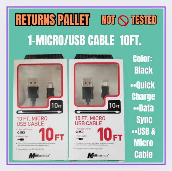 🥳1-CABLE MICRO USB-BLACK 10ft./PALLET RETURN-NOT 🚫 TESTED