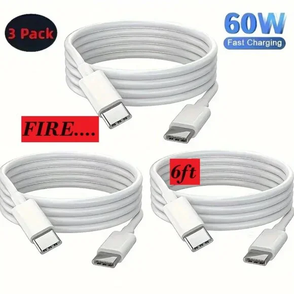 🔥3PK Ultra Fast 60W New USB C To USB C Data 6Ft Cables