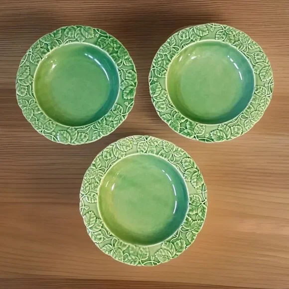 Pier 1 Imports Set of 3 Green Strawberry Leaves Bowls 8.25” Portugal Pottery