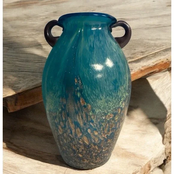 Pier 1 Imports Art Glass‎ Milano Amphora Teal Blue Gold 8