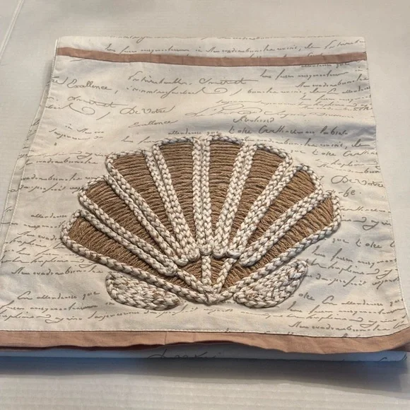 New PIER 1 IMPORTS seashell script embroidery table runner 13x72 Cotton Linen