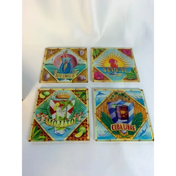 Pier 1 Imports Tropical Cocktail Glass Coasters Set of 4 G. Allen Mojito Tiki