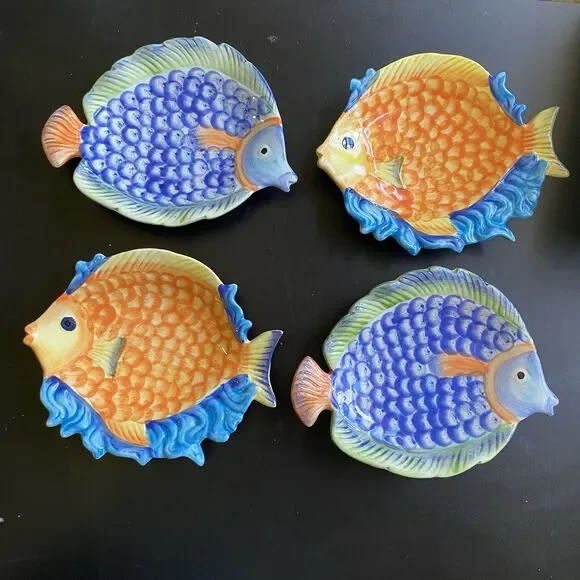 Pier 1 One Lot Of 4 Hand Painted Brightly Colored Mix & Match Fish Plates