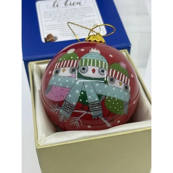 2018 Li Bien Hand Painted Glass Christmas Ornament Pier 1 Owls Happy Holidays