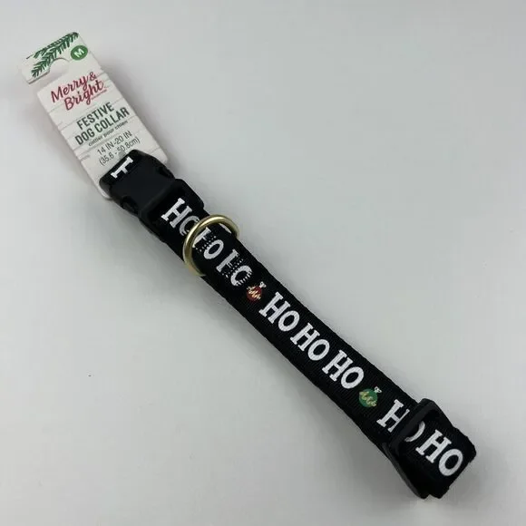 Merry & Bright Adjustable Holiday Themed Dog Collar.  “Ho Ho Ho” Black Size M
