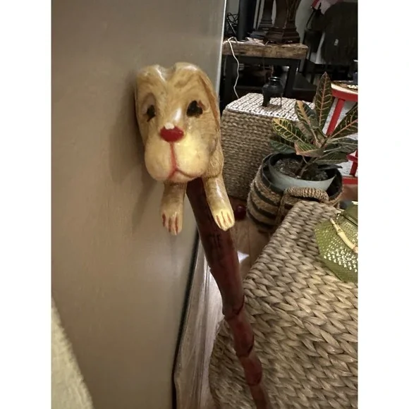 Hand Carved Dog Handle, Walking Stick 34 Inch Twist Shaft + Folk Art Cane Money